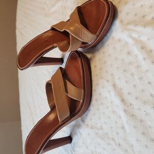 Yves Saint Laurent Tan Leather Cross-strap Heels Platform Slides Size 39/8.5